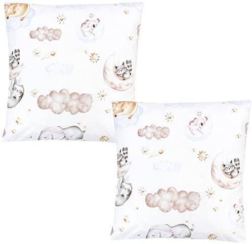 TupTam Kinder Kissenbezug Dekorativ Gemustert mit Hotelverschluss 2er Set, Farbe: Tiere auf Wolken, Größe: 80 x 80 cm