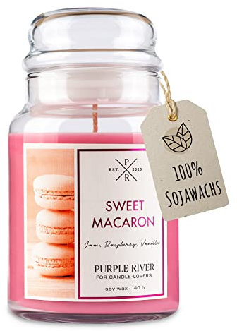 Purple River Große Duftkerze im Glas mit Deckel | Sweet Macaron | Duftkerze Süß | Kerzen lange Brenndauer | Sojawachskerze | Raumduft für Zuhause