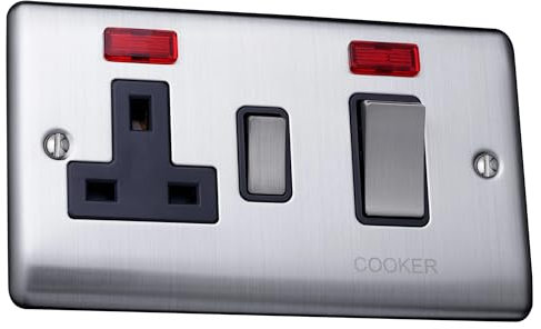 Caradok 45A switch+neon+13Aswitched socket+neon Brushed Chrome, Metal Switch, Grey Insert