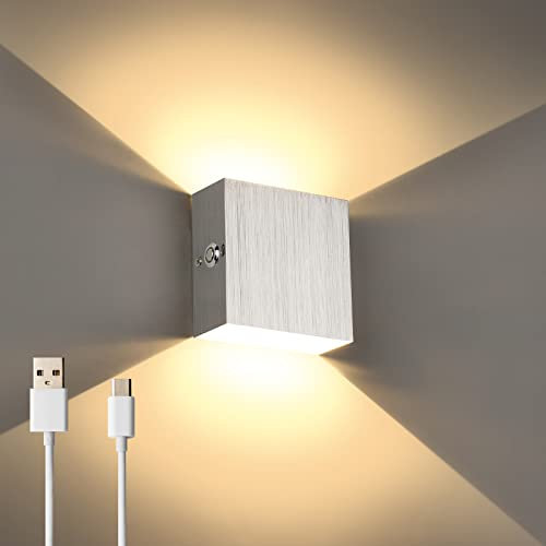 Lightess LED Wandleuchte Innen Wandlampe Akku Touch Dimmen Wandleuchte ohne Stromanschluss Kabellose Aufladbar USB Magnetisch Wandlampe Up Down für Schlafzimmer Wohnzimmer Silber-Warmweiß