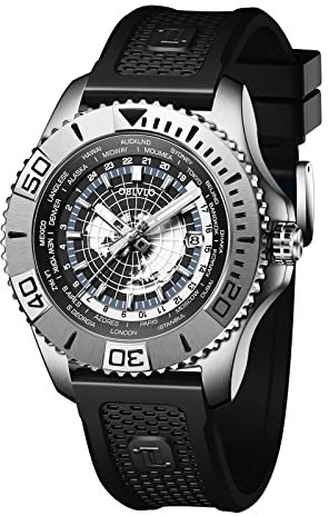 OBLVLO Luxusmarke World Time Military Automatische Mechanische Uhr für Herren Leder Wasserdicht Super Luminous Herrenuhren BM (BM-YBB)