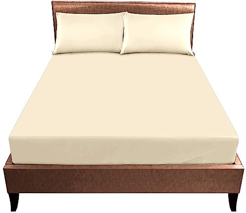 Luxury Elasticated Corner Deep Fitted King Size Sheet, Non Iron Extra Deep Breathable King Size Fitted Sheets (25 cm), Ultra Supersoft Polycotton Plain Dyed Bed Sheets, Cream