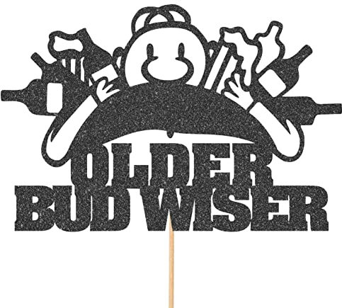Funny Older Bud Wiser Happy Birthday Beer Glitter Topper by Cakeshop | Custom Colour Budweiser Bottle Ale Lager Booze Alcohol Cake Decoration For Him 21st 30th 40th 50th 60th 70th 80th Black