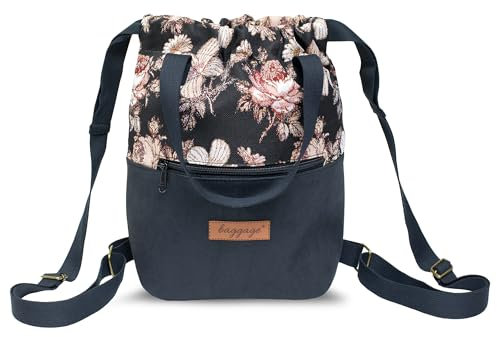 Turnbeutel Sportbeutel für Damen - Beuteltasche oder Rucksackhandtasche Beutel Rucksack 2 in 1 als Rucksacktasche oder Handtasche Stoffbeutel mit Kordelzug oder Taschenrucksack Schwarz mit Blumen