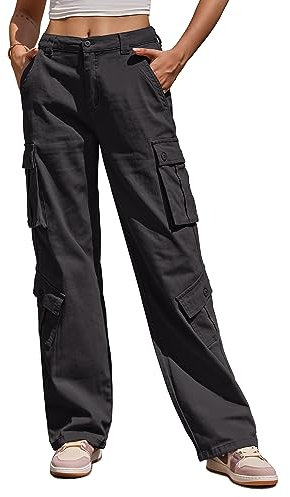 Fuakesor Cargohose Damen Baggy Y2K Multi Taschen High Waist Stretch Wanderhose Sport Jogginghose mit Elastischen Knöcheln(Grau,M)