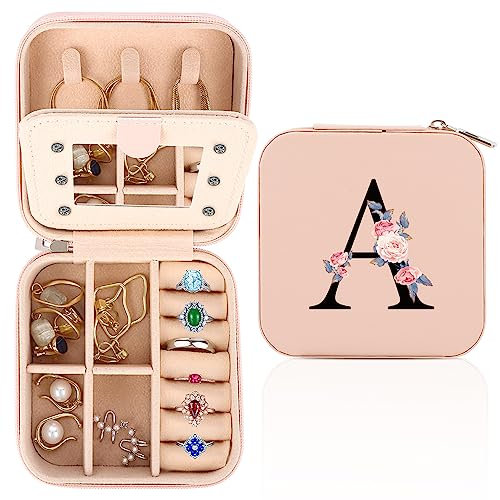 FIDWALL Schmuckkästchen Reise,Schmuck Reiseetui fuir Damen,Personalisierte Schmuckkästchen von A bis Z,Kleine Schmuck-Organizers mit Spiegel,Geschenk zum Frauengeburtstag,Geschenk zum Muttertag.(A)