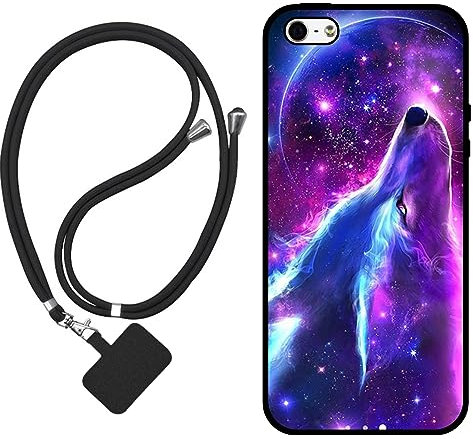 Sunrive Hülle Kompatibel mit iPhone 5/5S/SE(2016) Case,matt Handyhülle Schutzhülle Etui TPU Backcover (Wolf,Mond,Sterne) +1x Universale Handykette MEHRWEG