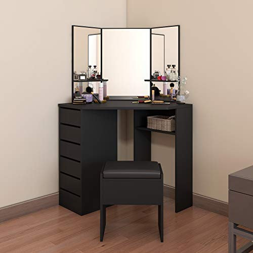 Wooden Corner Dressing Table Modern Vanity Makeup Desk Vanity Console Dresser Table with Stool 3 Mirrors and 5 Storage Drawers Bedroom Furniture (Black)
