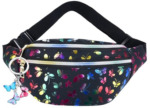 Gürteltasche Kinder Mädchen Bauchtasche, Schmetterlingsdruck Mode Wasserdicht Schwarz, Bauchtasche Damen Glitzer Kinder Bauchtasche, Fügen Sie einen Schmetterlings Schlüsselanhänger hinzu