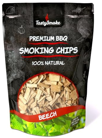 TastySmoke® Virutas de ahumar de haya de alta calidad – 100% madera natural para un intenso aroma a humo, ideal para barbacoas, ahumadores, barbacoas, 750 g de madera ahumada para carne, pescado,