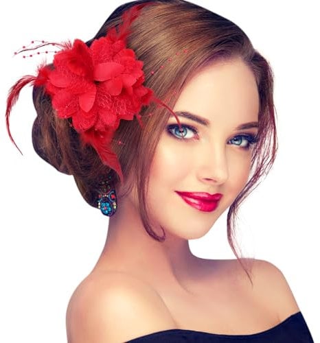 YAIKOAI Rose Flower Hair Clip, Feather Floral Corsage Fascinator for Bridal Bridesmaid Girls, Feather Fascinator Hair Band for Women, Vintage Rose Red Hair Accessories for Christmas, Wedding (Black)