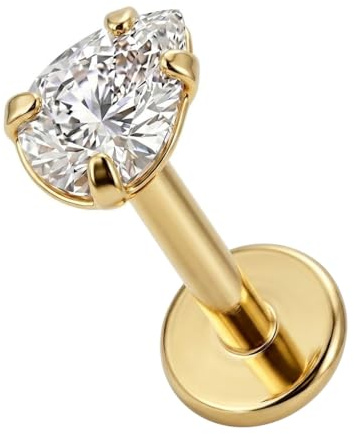 AZARIO LONDON Gold eloxiertes G23 Titan Teardrop CZ Stein Top 16 Gauge – 7 mm Länge Push Fit Labret – Tragus Bar Piercing – Labret Stud Helix – Tragus Ohrring
