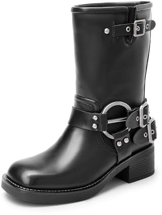 DREAM PAIRS Stivali a metà Polpaccio da Donna Stivali Stivaletti Biker Fibbie Anfibi Fashion Stivali da Donna con Tacco Basso Grosso,Size 38,Nero,SDMB2405W