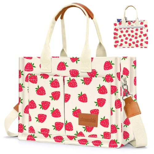 Ayieyill Canvas-Tragetasche für Damen mit Taschen, Umhängetasche, Schulterhandtaschen, lässige Arbeitstasche, alles, Erdbeere, Canvas-Tragetaschen