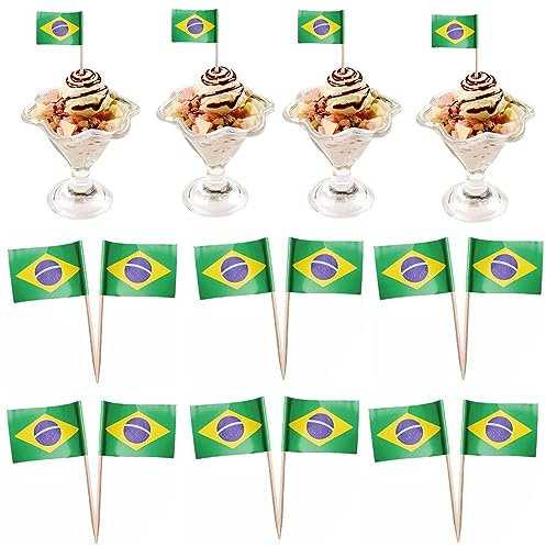 Lpitoy 50 Stück Brasilien-Flagge, Brasilianische Zahnstocher-flaggen, Kleine Mini-Cupcake-Topper, Brasilianische Flaggen, Länder-Picks, Party-Dekoration, Feier, Cocktail, Essen, Bar, Kuchen-flaggen