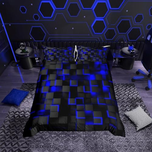 Loussiesd Blau und Schwarz Geometrisch Bettwäsche Set 135x200cm für Kinder Jungen Mädchen Geometrie Dekor Bettbezug Set Modern 3D Quadrat Bettwäsche Teenager Erwachsene, Weiches Mikrofiber