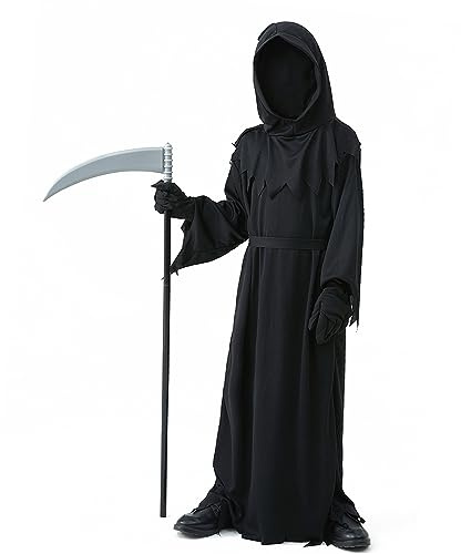 RAISEVERN Costumes de Faucheuse d'Halloween Enfant Deguisement Faucheur Grim Reaper Cosplay Costume, 12-14 Ans