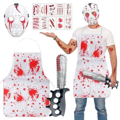 JWDMHSJ Asesino en serie Disfraces, Disfraz de Carnicero con Motosierra, Halloween Delantal Sangriento de Terror, Sangriento Carnicero Halloween Disfraces, Adulto y Adolescente Talla Única (A)