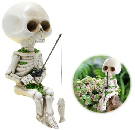 HyzaPhix Hexe Figur Angeln Deko Halloween Gartenfiguren, Fischer Figur Gartendeko Gartenstatuen Witch Fishing Statue Garten für Draußen Wohnzimmer Teich Balkon Deko Geschenke (Skelett)