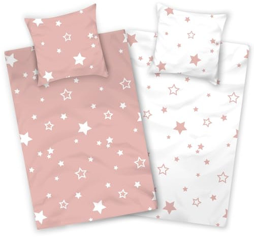 Aminata kids Bettwäsche 135x200 Sterne rosa weiß Baumwolle Stern-Motiv, Reißverschluss weich & atmungsaktiv, Sommer-Bettwäsche-Set Damen Mädchen - Wendebettwäsche