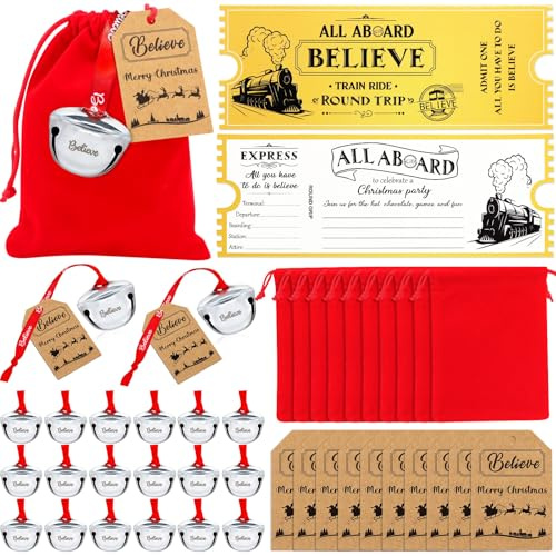 YSURE 20 Sets Christmas Bells for Decoration - Velvet Polar Express Sleigh Bells with Polar Express Ticket Gift Tags - Silver for Christmas Party Favors and Tree Hanging