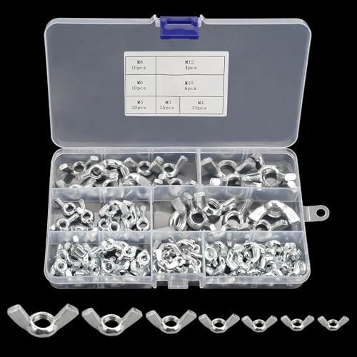 Flügelmuttern Sortiment Kit Flügelmutter Edelstahl, Muttern Set M3 M4 M5 M6 M8 M10 M12,Flügelschraube Hardware Tools, Schmetterlings Flügelschrauben, Flügelmutter Satz (100 Silber)