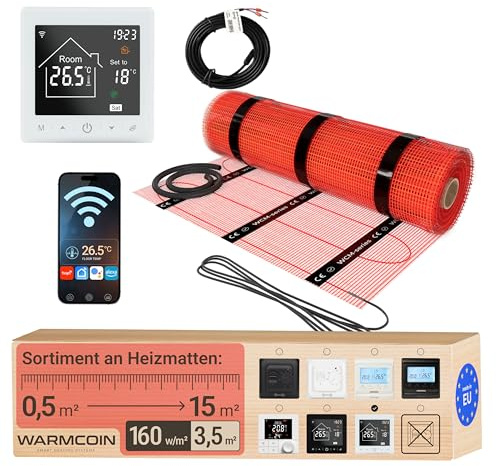 Warmcoin® Kit de Chauffage au Sol Électrique 160 W/m² – 3,5 m² – Pour Carrelage, Stratifié et Vinyle – Inclut Thermostat WiFi W100 Blanc à Écran Tactile et Contrôle via App