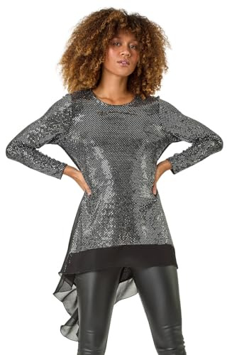 Roman Originals Chiffon Dipped Hem Top Asymmetric Tunic for Women UK Ladies Stretchy Jersey Flared Blouse Smart Fit & Flare Form Casual Loose Longline Party Hanky Tunics - Silver Ink - Size 12