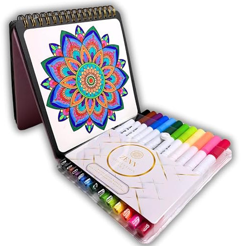 Petal Pink Mandala Adult Colouring Book Marker Pens Gifts Set |Paint and Journal for Mindfulness Relaxation | Spiral Bound Little A5 Travel Size | Zenn Meditation Art