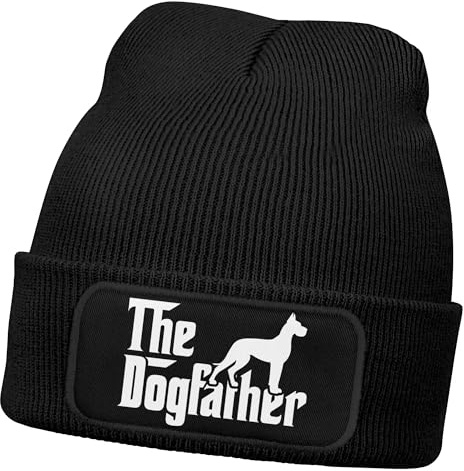 MoonWorks®Herren Beanie mit Patch Dogfather Strickmütze mit Spruch Hundebesitzer Aufdruck Lustig Mütze Männer