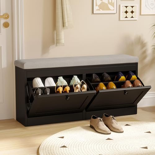 VOWNER Shoe Bench with 2 Flip Drawers, Shoe Organizer Storage Bench with Adjustable Shelves for Entryway, Hallway, Living Room, Black