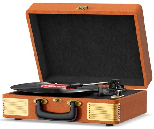 Tocadiscos de Vinilo, FYDEE Tocadiscos Bluetooth Vintage de Cuero con 3 Velocidades (33/45/78 RPM), 2 Altavoces Integrados, Reproductor de Vinilo con Entrada para Auriculares, RCA, Marrón Rojizo