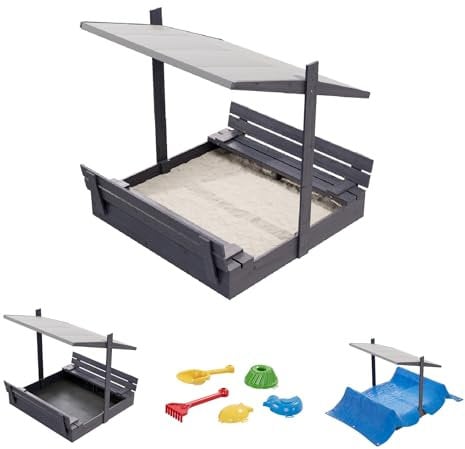 QLS Sandkasten aus Holz 120x120 cm mit Sitzbank Dach und Abdeckung imprägniert für Garten (Grau, 120 cm)