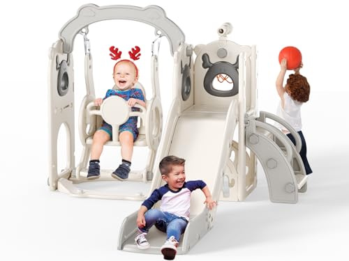 Toboggan pour Enfants 6 en 1 en Forme d'élan avec Panier de Basket, Golf, télescope, Structure d'escalade,Toboggan d'intérieur pour Enfants,Jouets d'aire de Jeux Montessori(Beige-Gris)