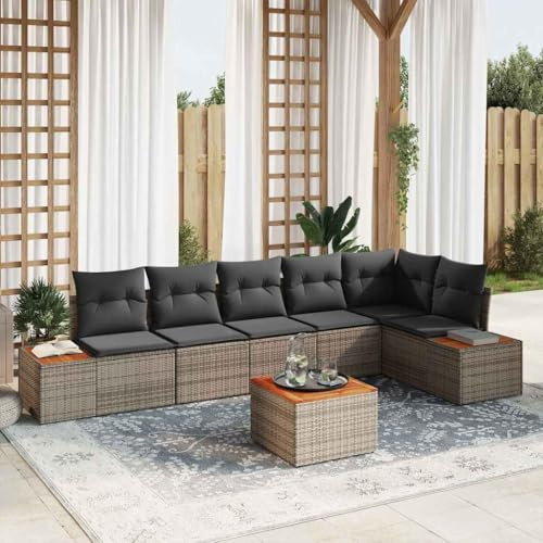 Qnhdfrt 7 Sitzer Ecksofa Set Grau Poly Rattan Outdoor Lounge Möbel mit Kissen und Tisch Wetterfeste Gartenmöbel für Terrasse Balkon Garten