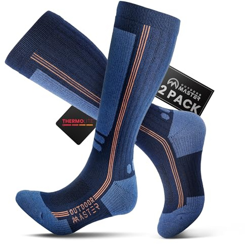 OutdoorMaster Thermolite Skisocken aus Merinowolle, Kompressionssocken | Leichte, Kompressionsstarke Thermosocken für Damen und Herren, Socken für Kaltes Wetter, Rutschfester Bund bis über die Wade