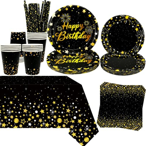 Obussgar Black Gold Party Decoration - Black and Gold Birthday Party Tableware Supplies Includes Plates, Cups, Napkins, Tablecloth, Straws - Serves 20