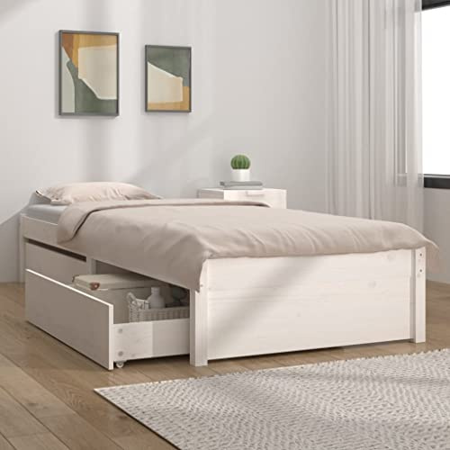 Zeehear White Solid Pine Wood Small Single Bed Frame, 75x190 cm Platform Base with 2 Under-Bed Storage Drawers, Sturdy Plywood Slats, No Mattress Included