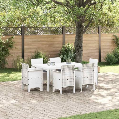 Owoxanthellate Gartenmöbel Sitzgruppe 7-Teilig Weiß Rattan Essgruppe mit Tisch 6 Stühlen UV-beständig für Terrasse Balkon Garten