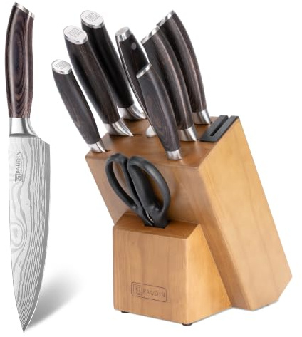 PAUDIN 10-Piece Knife Set with Wooden Knife Block & Built-in Sharpener | Professional German Stainless Steel Full‑Tang Chef Knife Set – Pakkawood Handles, Dishwasher Safe, Ideal for Home Kitchen
