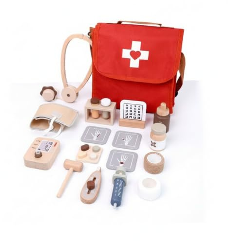 Harilla Arztkoffer Kinder Rollenspiel Set Arzt Zubehör Spielzeug Holz Stoff Materialien Funktionen Tragbarer Rucksack Klappverschluss Tragegriff Aufbewahrung