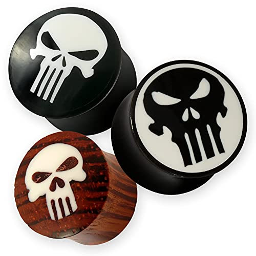 Fly Style Ohr-Plug Tunnel aus Horn oder Holz - Flesh-Tunnel Totenkopf The Punisher, Grösse:12 mm, Modelle:Modell A