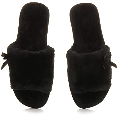 AJVANI Womens ladies flat peep toe bow cosy faux sheepskin fur slip on slippers size