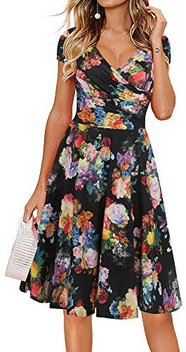 oxiuly Women's V-Neck Cap Sleeve Floral Casual Work Stretchy Swing Dress OX233 - Black -