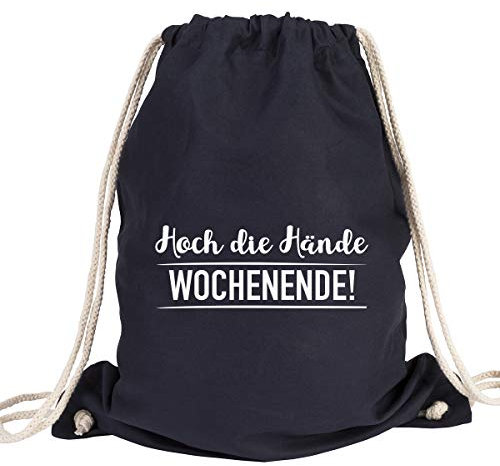 JUNIWORDS Turnbeutel - Wähle ein Motiv & Farbe - Hoch die Hände Wochenende! (Beutel: Marine Blau, Text: Weiß)