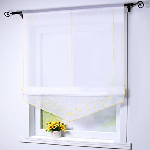 Joyswahl Raffrollo Voile Transparentes Bändchenrollo Lisa mit Tunnelzug Stickerei Gardine BxH 140x140cm Gelb 1er Pack