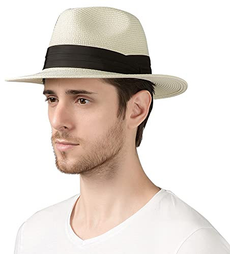 Lanzom Sombreros de verano para playa para hombre, plegable, paja, UPF50+, Marfil Blanco, M