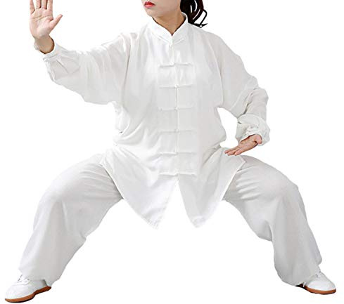 FUYUFU Cotone e Lino Tai Chi Abbigliamento Uniforme Kung Fu Unisex Abbigliamento per Arti Marziali (Un Set) (Bianco/Maniche Lunghe, L)