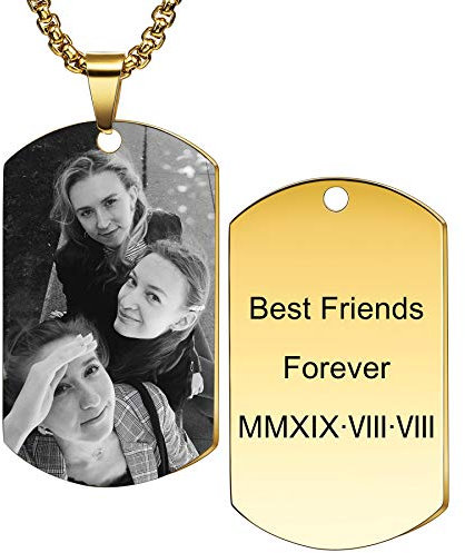 MeMeDIY Personnalisé Dog Tag Pendentif Collier Gravure Texte/Noir et Blanc Photo pour Homme Femme Mémorial en Acier Inoxydable Bijoux Bundle avec Chaîne Réglable, Porte-clés, Silencieux (Or)
