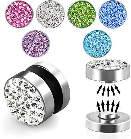 Treuheld® | Silberner Magnet Fake Plug/magnetischer Ohrstecker mit klaren Kristallen | Chirurgenstahl | 8mm | Damen, Kinder + Jugendliche